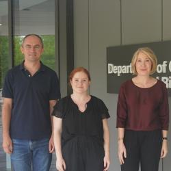 Senior research associate Jakub Tomasik, lead author Erin Funnell and research group leader Prof Sabine Bahn outside the CEB building.